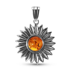 Pendentif argent 925 forme tournesol composé d une ambre couleur cognac 10mm diamètre Largeur : 28mm Longueur totale (béli...