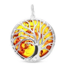 Pendentif argent 925 composé d un arbre vie dans un cercle 45mm diamètre fond une ambre couleur cognac 42mm diamètre Large...