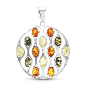 Pendentif argent 925 composé cabochons d ambre Multicolore (cognac, verte jaune) 4x6mm dans un cercle ajouré 35mm diamètre...