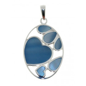 Pendentif Argent 925 Nacre bleue Motif ovale 25x18mm coeurs pétales Hauteur (bélière incluse) : 33mm 