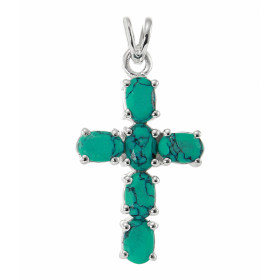 Pendentif Argent 925 Turquoise reconstituée . Pendentif en forme de croix serti de 6 pierres de 6x4mm. Hauteur : 3cm