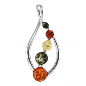 Pendentif en argent en forme de navette avec 5 demi boules d'ambre. Ambre de couleur cognac, verte et jaune. Dimension du ...