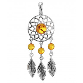 Pendentif en argent en forme d'attrape rêve avec une ambre centrale de 7mm de diamètre. Ambre de couleur cognac. Dimesion ...