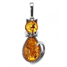 Pendentif argent et ambre chat