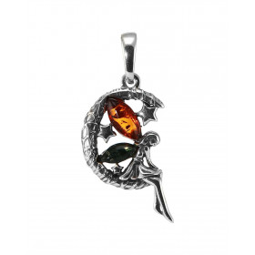 Pendentif argent composé d une fée assise sur lune 2 ambres couleur cognac vertes forme navettes composent les ailes Dimen...