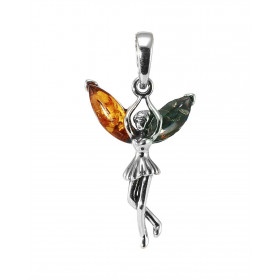  Pendentif argent forme fée 2 ambres couleur cognac vert forme navette forment les ailes Dimension du pendentif bélière in...