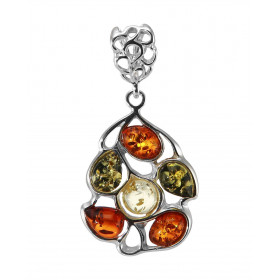 Pendentif en argent avec des ambres de couleur miel, cognac et verte. Ambres de forme ronde, ovale et poire. Bélière en ar...