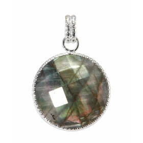  Pendentif Argent Labradorite Ce pendentif est serti d une pierre ronde facettée La pierre mesure 20mm diamètre Elle est m...