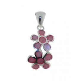 Pendentif en Argent 925 et Nacre rose. Motif ondulé composé de deux fleurs de 9x9mm. Hauteur (bélière incluse) : 23mm. 