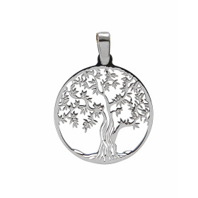 Pendentif en argent rhodié composé d'un arbre de vie dans un cercle de 20mm de diamètre. Longueur bélière incluse : 26mm