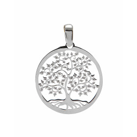 Pendentif en argent rhodié composé d'un arbre de vie dans un cercle de 20mm de diamètre. Longueur bélière incluse : 26mm