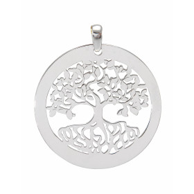 Pendentif en argent rhodié composé d'un arbre de vie dans un cercle de 30mm de diamètre. Longueur bélière incluse : 36mm