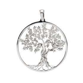 Pendentif en argent rhodié composé d'un arbre de vie dans un cercle de 30mm de diamètre. Longueur bélière incluse : 37mm