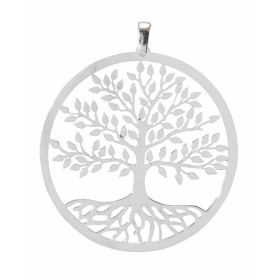 Pendentif en argent rhodié composé d'un arbre de vie dans un cercle de 40mm de diamètre. Longueur bélière incluse : 46mm