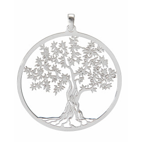 Pendentif en argent rhodié composé d'un arbre de vie dans un cercle de 40mm de diamètre. Longueur bélière incluse : 46mm