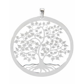 Pendentif en argent rhodié composé d'un arbre de vie dans un cercle de 40mm de diamètre. Longueur bélière incluse : 45mm