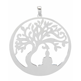 Pendentif en argent rhodié composé d'un arbre de vie dans un cercle de 40mm de diamètre. Longueur bélière incluse : 46mm
