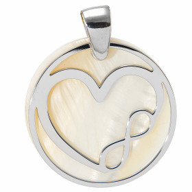 Pendentif argent rhodié composé d une pastille nacre d un coeur le signe infini découpé dans un cercle 25mm diamètre Dimen...