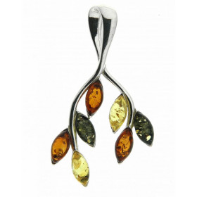 Pendentif Branche Ambre Multicolore et Argent 925. Pendentif en Argent 925 et Ambre multicolore (couleurs : miel, vert et ...