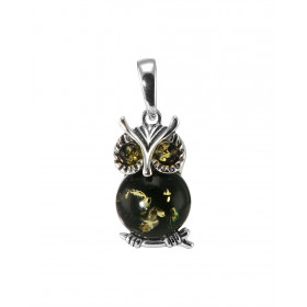 Pendentif argent forme chouette une ambre verte 10mm diamètre Dimension du pendetnif bélière incluse : 10x24mm