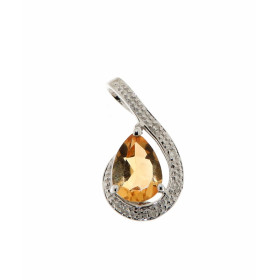 Pendentif Citrine et Diamant en Or Blanc 375. La pierre centrale est taillée en forme de poire et mesure 6x4mm. Elle est m...