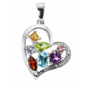 Pendentif Coeur Or blanc 375 serti de pierres fines et de 3 diamants. Dimensions du pendentif (bélière incluse) : 25x16mm