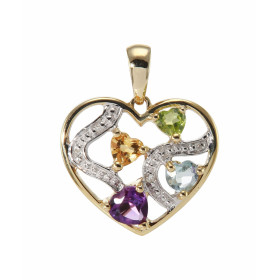 Pendentif Or jaune 375 serti pierres fines taillées coeur (améthyste, citrine, péridot, topaze bleue) 5 diamants Dimension...