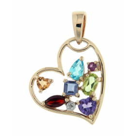 Pendentif coeur Or jaune 375 serti pierres fines (Citrine, Péridot, Iolite, Améthyste,Topaze bleue) d un diamant Dimension...