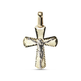 Pendentif 2 ors en forme de croix ciselée sur le contour avec le Christ. Dimension du pendentif (bélière incluse) : 19x29m...