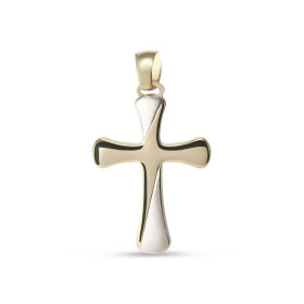 Pendentif 2 ors 375 en forme de croix avec la partie or blanc satinée. Dimension du pendentif (bélière incluse) : 16x28mm....