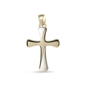 Pendentif 2 ors 375 forme croix partie or blanc satinée Dimension du pendentif (bélière incluse) : 16x28mm Epaisseur du pe...