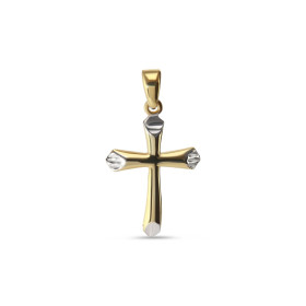 Pendentif 2 ors 375 en forme de croix avec les parties or blanc striées. Dimension du pendentif (bélière incluse) : 13x24m...