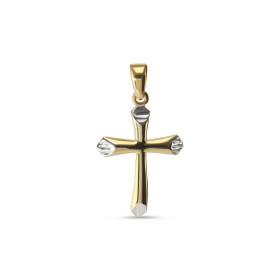 Pendentif 2 ors 375 forme croix les parties or blanc striées Dimension du pendentif (bélière incluse) : 13x24mm Epaisseur ...