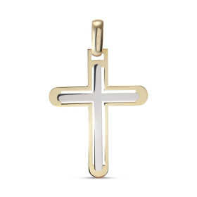 Pendentif 2 ors 375 en forme de croix ajouré avec la partie or blanc satinée. Dimension du pendentif (bélière incluse) : 2...