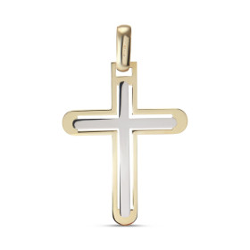 Pendentif 2 ors 375 forme croix ajouré partie or blanc satinée Dimension du pendentif (bélière incluse) : 24x37mm Epaisseu...