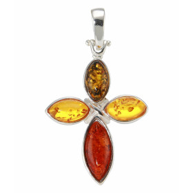 Pendentif Argent et Ambre en forme de croix. Dimensions (bélière incluse) : 40x23mm