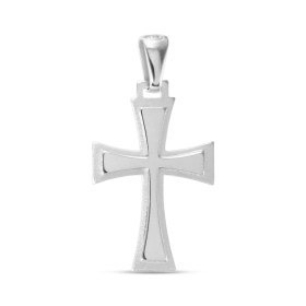 Pendentif croix en argent rhodié avec le contour satiné. Dimension (bélière incluse) : 18x34mm. Epaisseur : 2mm