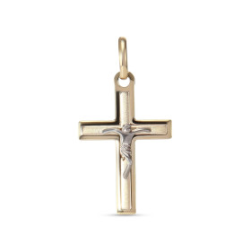 Pendentif 2 ors en forme de croix avec le Christ. Dimension du pendentif (bélière incluse) : 13x23mm. Epaisseur : 3mm