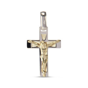 Pendentif 2 ors 375 en forme de croix avec le Christ. Dimension du pendentif (bélière incluse) : 16x29mm. Epaisseur : 2,1mm