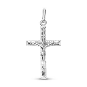 Pendentif croix avec le Christ en argent rhodié. Dimension (bélière incluse) : 18x35mm. Epaisseur : 4,7mm