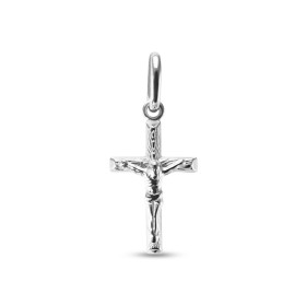 Pendentif croix avec le Christ en argent rhodié. Dimension (bélière incluse) : 11x25mm. Epaisseur : 4mm