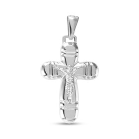 Pendentif croix avec le Christ en argent rhodié. Dimension (bélière incluse) : 20x36mm. Epaisseur : 4,9mm