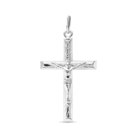 Pendentif croix avec le Christ en argent rhodié. Dimension (bélière incluse) : 24x44mm. Epaisseur : 6mm
