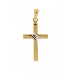 Pendentif croix en or creux. Effet 2 tons (Or Jaune et Or Jaune Rhodié). Dimensions (bélière incluse) : 2x13mm