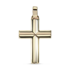 Pendentif en or jaune 375 en forme de croix avec un creux. Dimension du pendentif (bélière incluse) : 19x33mm. Epaisseur d...