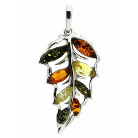 Pendentif Feuille Ambre Multicolore et Argent 925. Pendentif en Argent 925 et Ambre multicolore (couleurs : miel, vert et ...