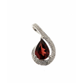 Pendentif Grenat Diamant Or Blanc 375 La pierre centrale est taillée forme poire mesure 6x4mm Elle est maintenue sur cette...