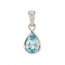 Pendentif Infini Or Blanc 375 Topaze bleue traitée Poire 8x6mm et Diamant