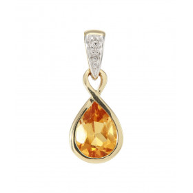 Pendentif Infini Or Jaune 375 Citrine Poire 8x6mm et Diamant