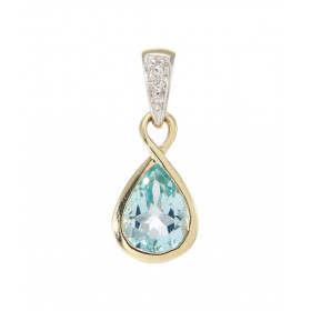  Pendentif Infini Or Jaune 375 Topaze bleue traitée Poire 8x6mm Diamant Motif infini serti d une Topaze bleue traitée Poir...
